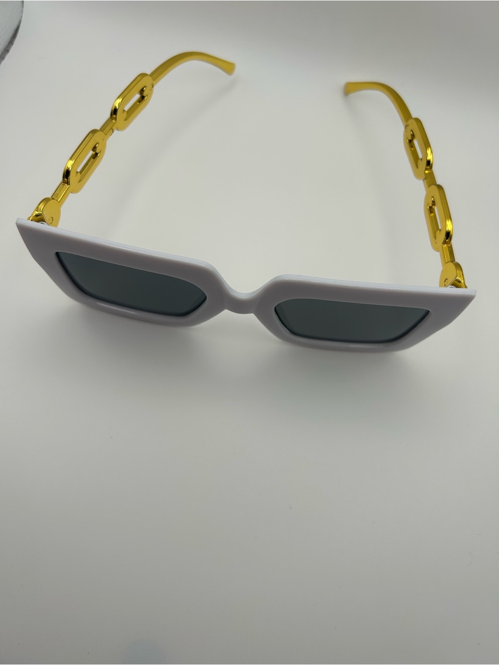 White Frame Sunglasses with Gold Chain Temples